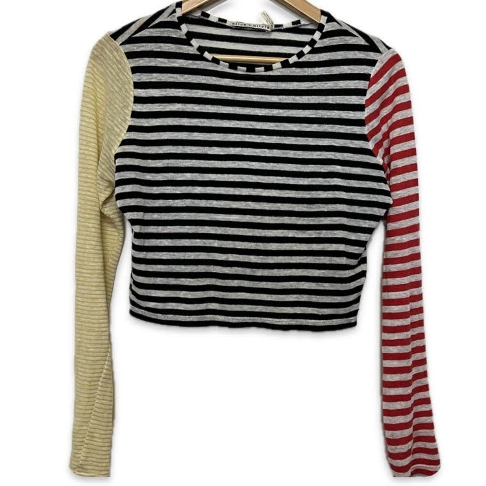 Alice + Olivia Crop Top Linen Blend Striped Long Sleeve Shirt Small